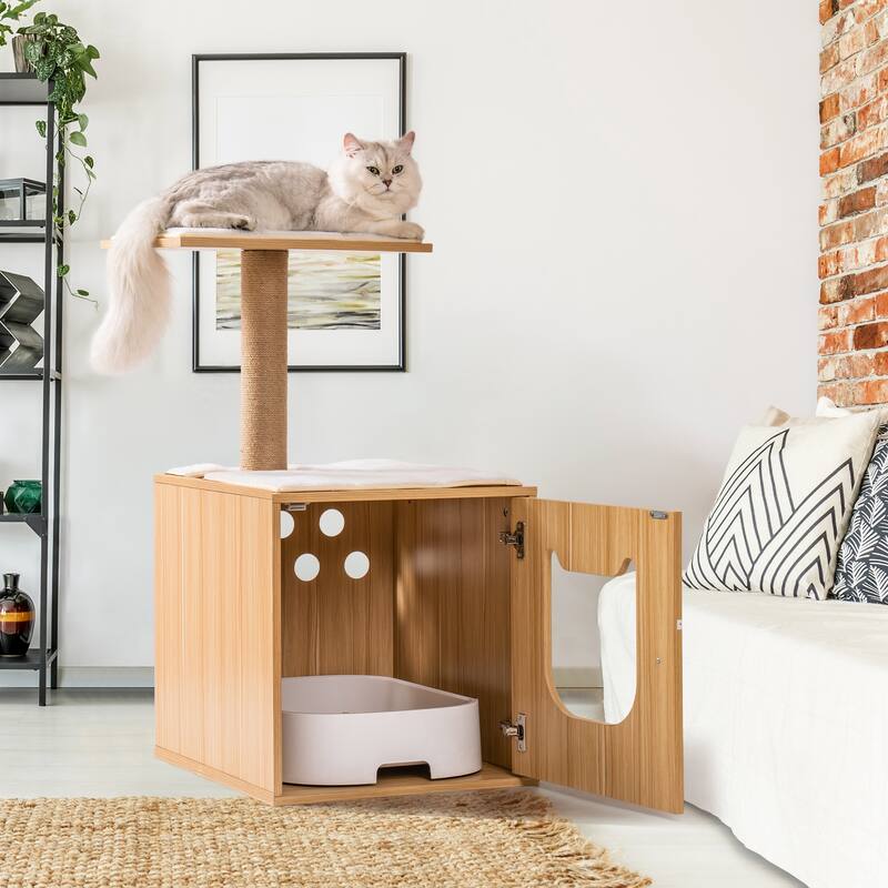 3-IN-1 Cat Litter Box Enclosure, Wooden Cat House with Cat Bed Hidden Cat Washroom Furniture with Scratching Post