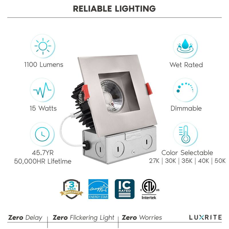 Luxrite 4 Inch Square LED Recessed Light, 15W, 5 Color Selectable, 1100 Lumens, 40° Spotlight, Wet Rated, Brushed Nickel