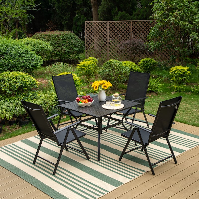Outdoor 5/7-Piece Patio Dining Set, 7-positon Reclining Folding Sling Chair & E-Coating Metal Steel Table - 5-Piece-Black
