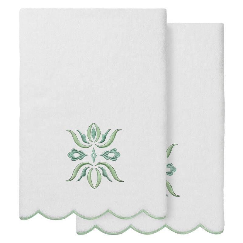 Authentic Hotel and Spa 100% Turkish Cotton FLOWER CREST Scallop Towel Collection - White/Green - 2 Bath Towels
