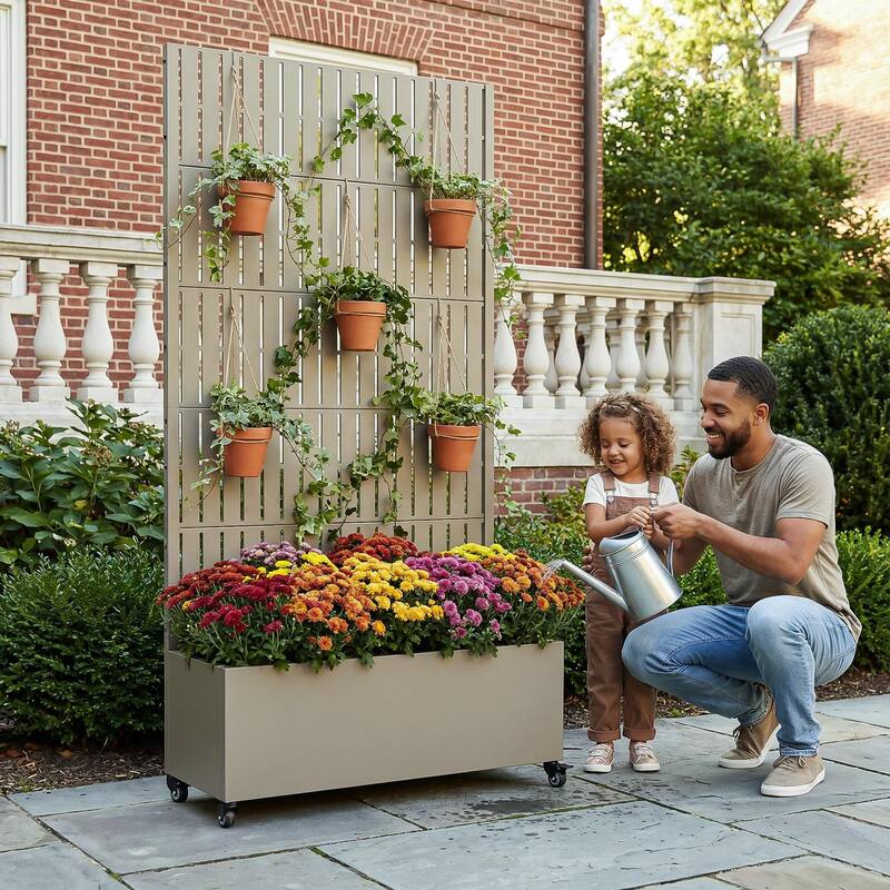 Raised Garden Bed Planter with Trellis Movable Planter Box with Lockable Wheels