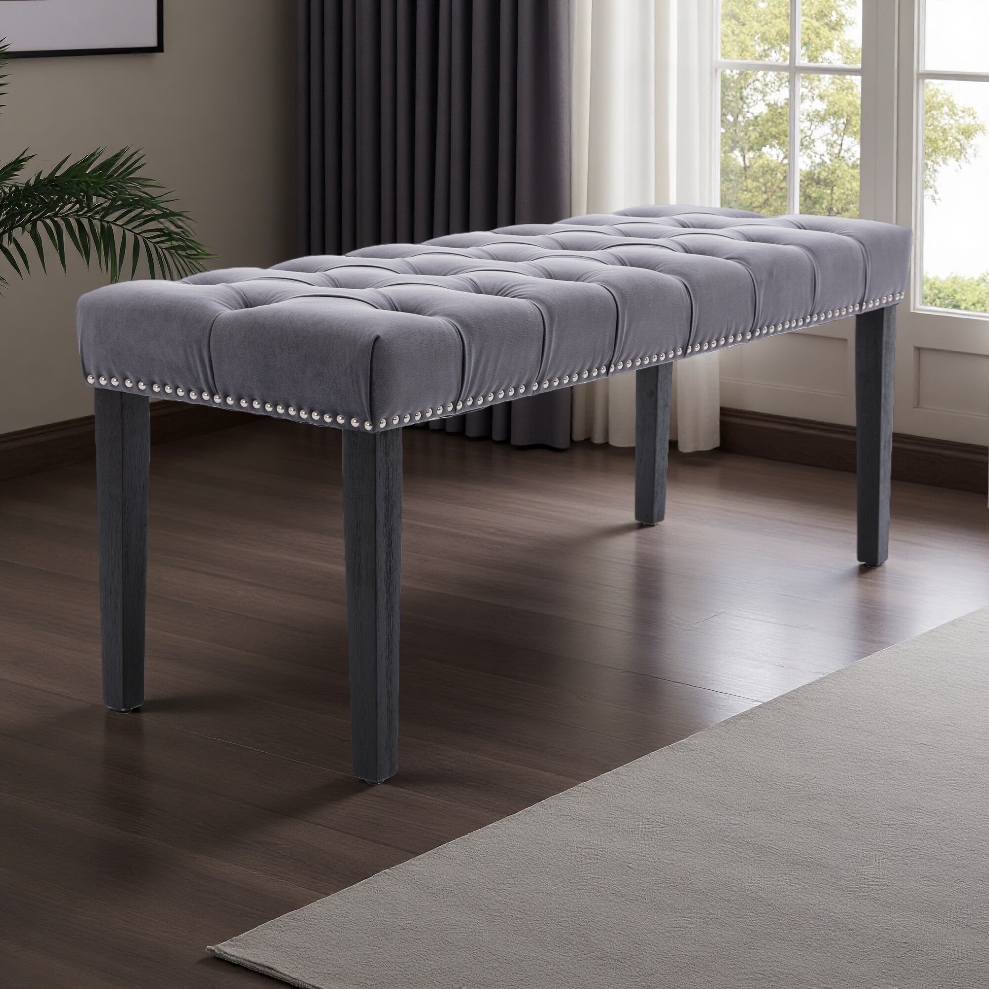 45.28"L Velvet Upholstered Tufted Bench Ottoman, Soft Cushioned Footrest Stool with Rubber Wooden Legs for Entryway, Dining Room