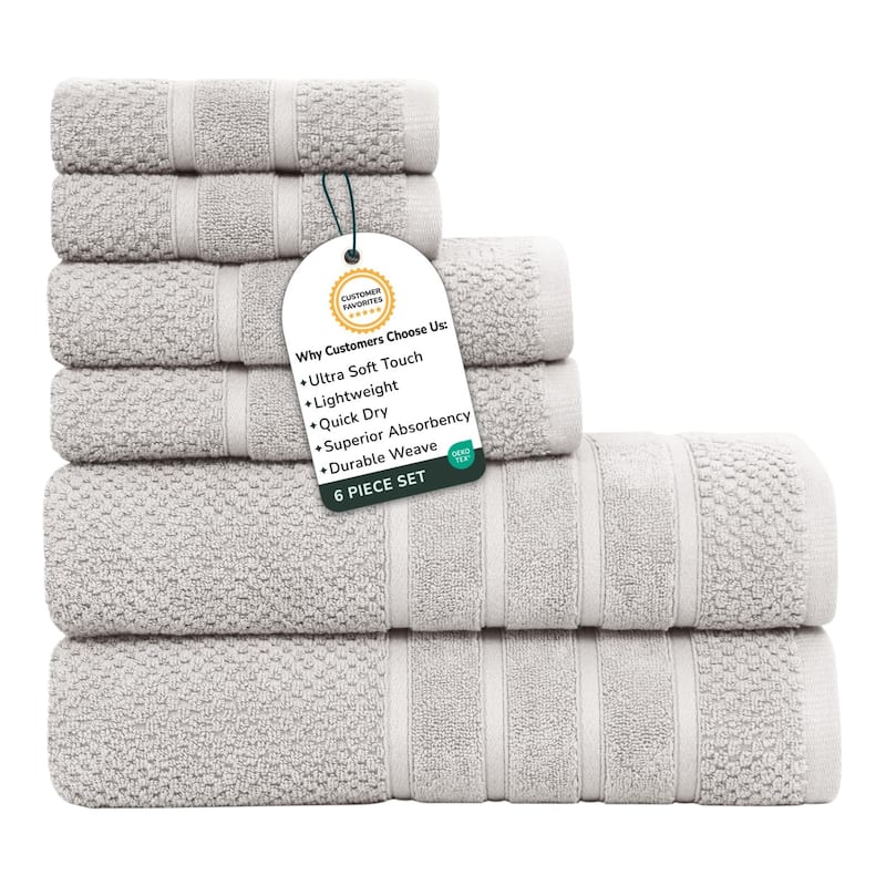 Feather and Stitch NY 650 GSM Premium Cotton 6 Piece Towel Set Super Absorbent Quick Dry Spa Quality - Silver