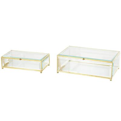 Glass Beveled Decorative Jewelry Box with Gold Metal Frame and Chain Accent - Set of 2 Clear - Roche River Decor