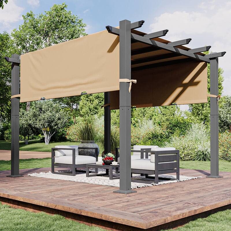 Outdoor Pergola, Retractable Adjustable Roof, Aluminum Sun Shade Canopy - 10'x10' - Brown side