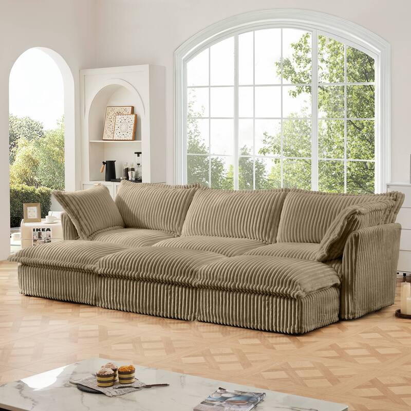 Modern 3-seater upholstered sofa with 3 ottomans and 2 pillows