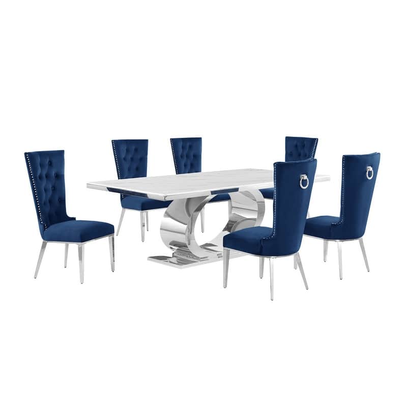 Best Quality Furniture D432/3-SC330-7 Dining Set with 87" White Marble Top