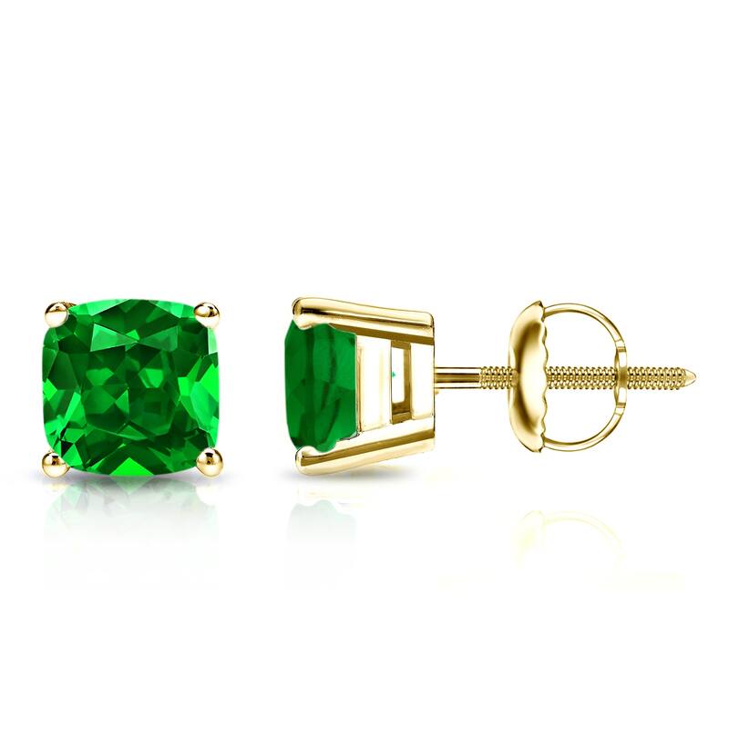 Auriya 14k Gold Lab Grown Gemstone Green Emerald Stud Earrings Cushion 0.25 to 5.00 ct. tw. 4-Prong Basket Screw-Back - 1.25ct tgw. - Yellow
