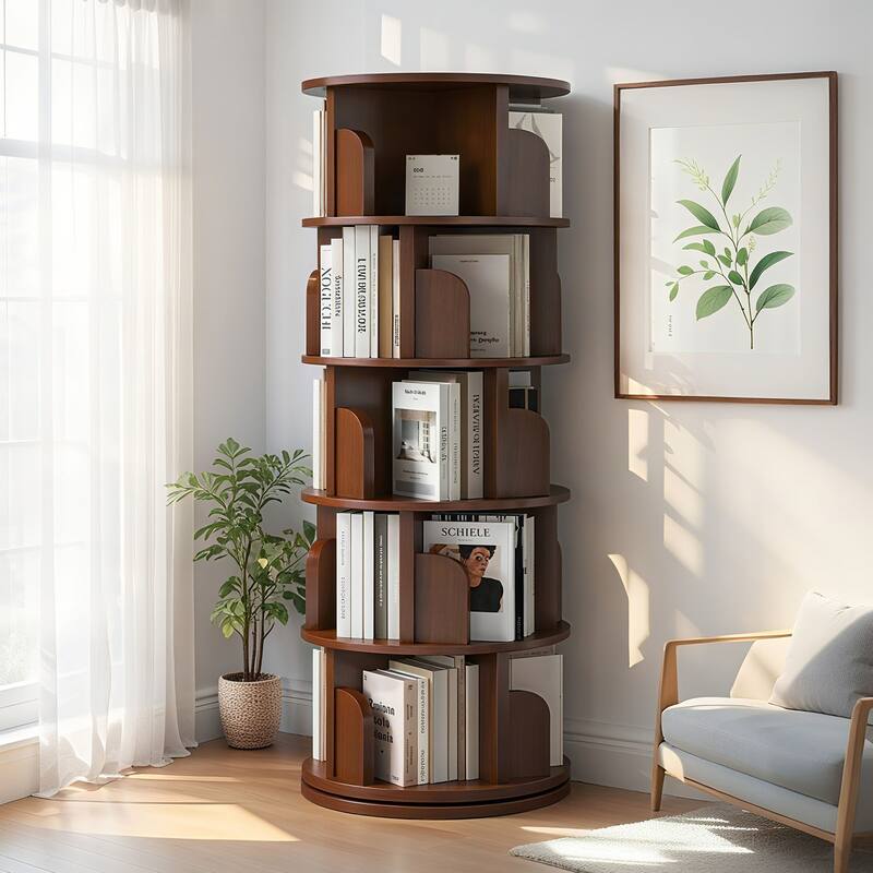 Anmytek 5-Tier Rotating Bookshelf on Wheels 360-Degree Spinning Tower for Small Space Bedroom Living Room Warm White