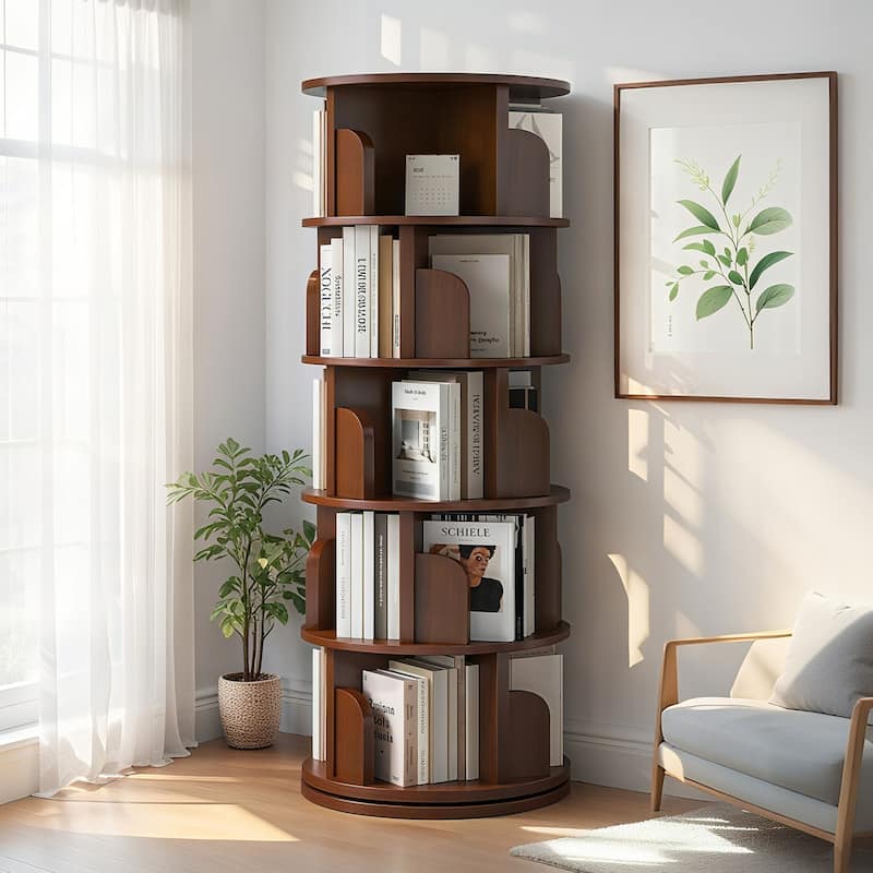 GDF Studio -Purling Modern 5-Tier Wood Rotating Bookshelf with 360-Degree Space-Saving Design