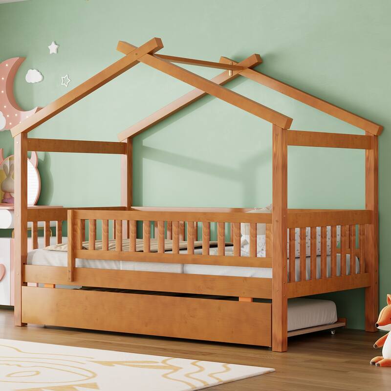 Montessori Bed House Bed with Trundle Bed and Headboard, Wood Daybed Platform Bed Frame No Box Spring Needed for Boys Girls