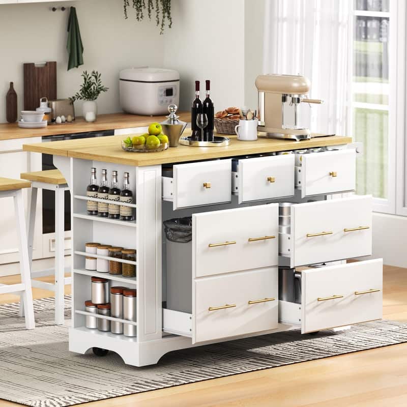 Kitchen Island with 6 Drawers, Pull Out Trash Can Storage, Rolling Kitchen Island with Drop Leaf - White