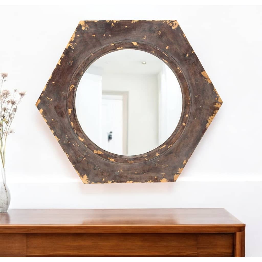HomeRoots 24" Bronze Hexagon Distressed Wood Framed Accent Mirror - 23.63