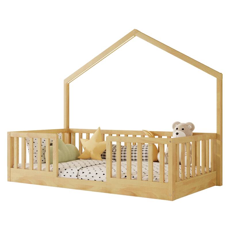 Twin Floor Bed with High Rails, Wooden Montessori Bed with Light for Kids, Boys and Girls