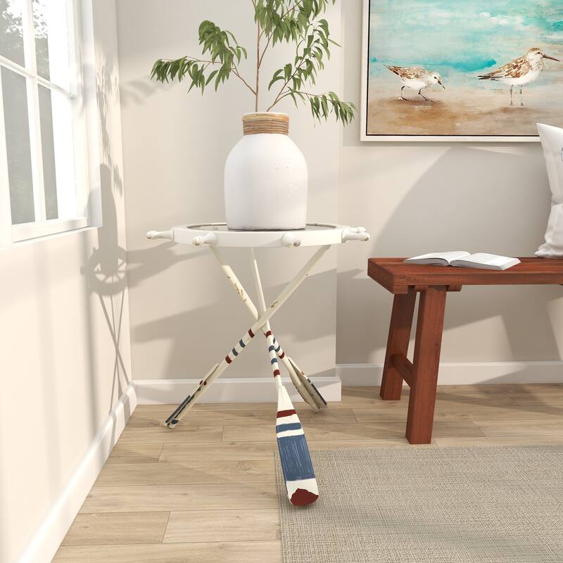 White Metal Ship Wheel Top Accent Table with Oar Shaped Legs