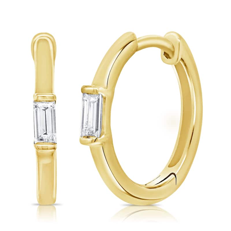 Joelle Collection Baguette Diamond 1/10 cttw. Huggie Small Hoops Earrings 14K Gold - Yellow