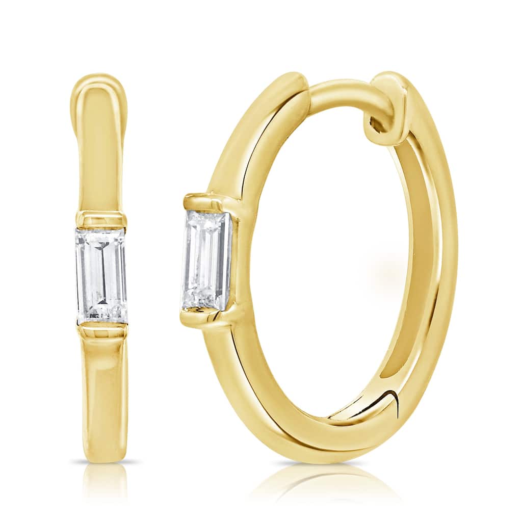 Joelle Collection Baguette Diamond 1/10 cttw. Huggie Small Hoops Earrings 14K Gold