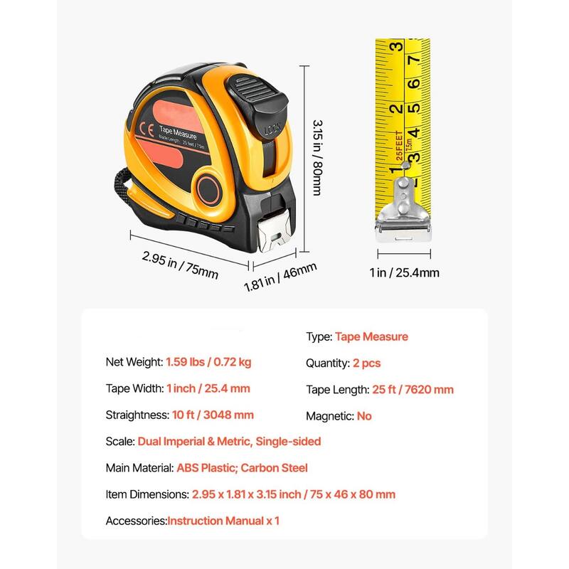 Tape Measure 25ft Retractable Imperial Metric for Outdoor Decoration