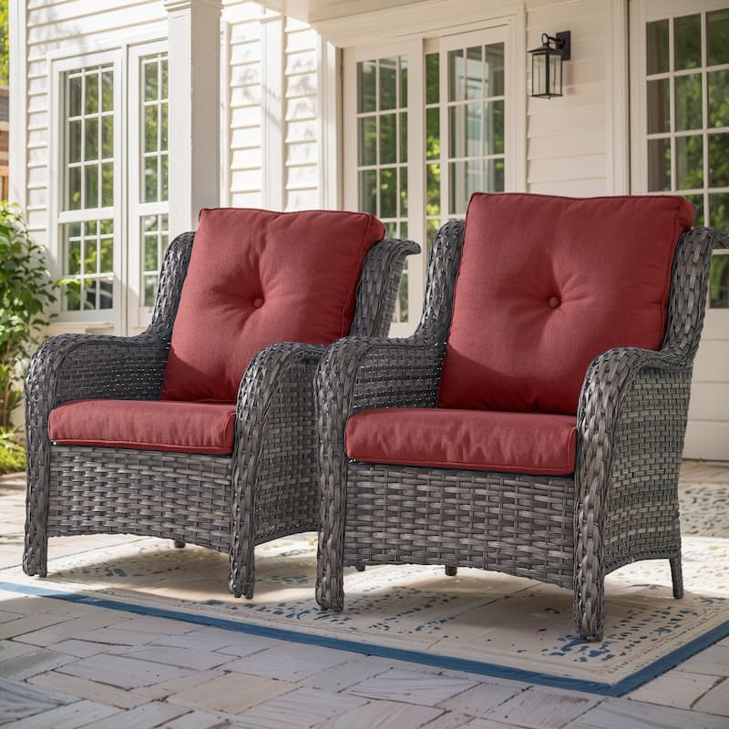 Gymojoy Wicker Patio Club Chairs with Olefin Weather-Resistant Cushions - 2-Piece - Grey Wicker / Red Cusion