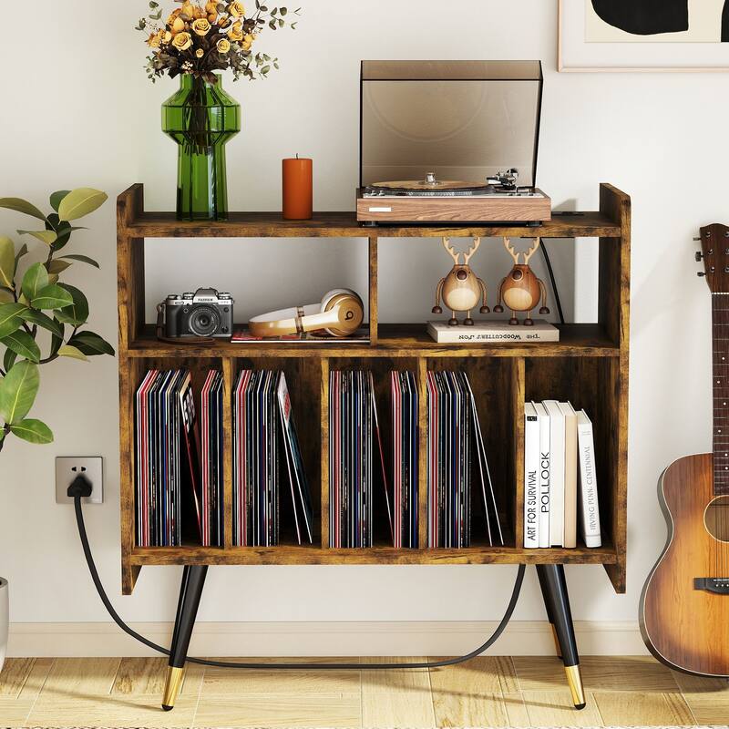 Retro Vinyl Stand with Charging Hub, Record Player Stand with Power Outlet and USB Ports - Brown