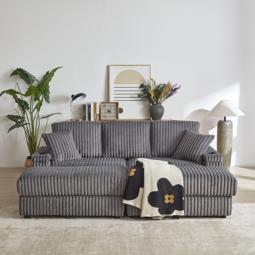 84" Corduroy Deep Seat Sofa Set with 5 Pillows for Livingroom 3-seater Storage Sofa with Ottoman and Cup-holding