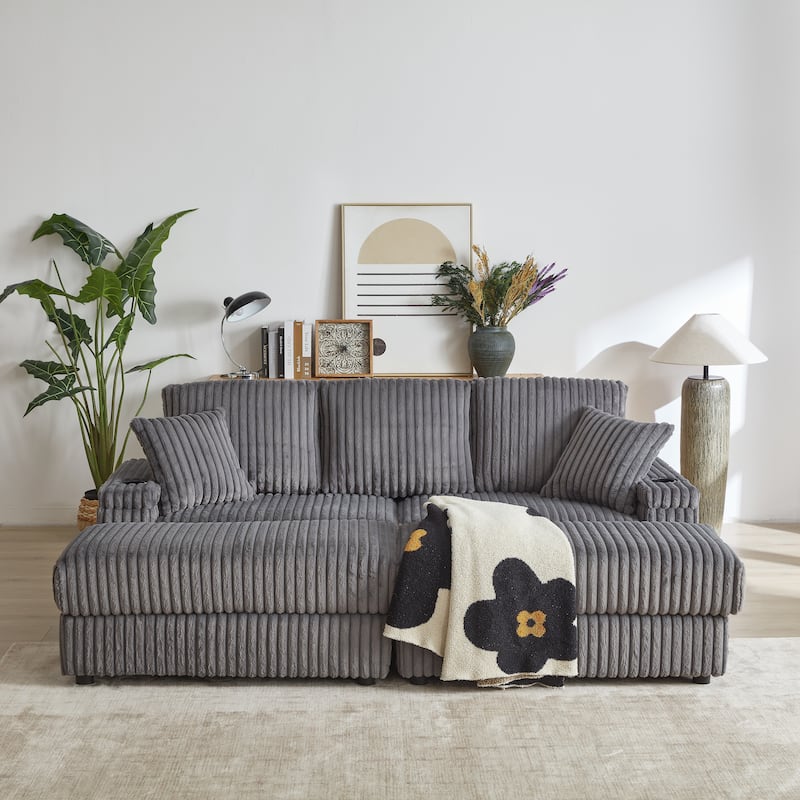 Anmytek 84 Inch Black Corduroy 3-Seater Deep Seat Sofa with Ottoman Storage Cup Holders and Pillows