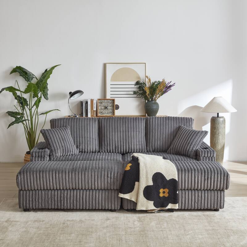 Deep Seat Sectional Loveseat Set with 2 Ottoman and 2 Pillows, Corduroy Chaise Lounge Bed with 2 Storage Spaces and Cupholding - Grey