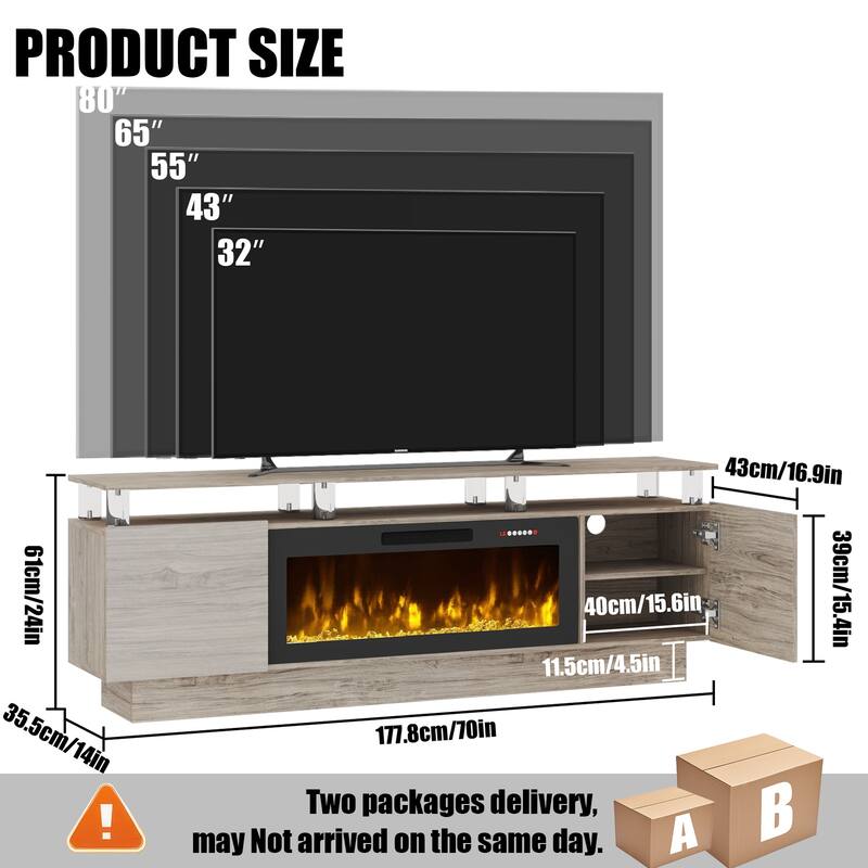 BOSSIN 70 Fireplace TV Stand with 36 Electric Fireplace， LED Light Entertainment Center Modern 2-Tier TV Console Stand