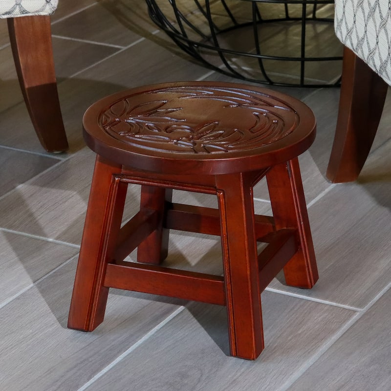 Carved Wooden Step Stool Stepstool Floral - 11.00"x11.00"x10.00"in - Red