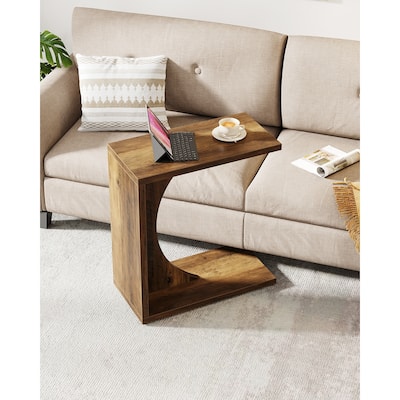 Wood 2-Tier C-Shaped End Side Sofa Couch Table for Small Space