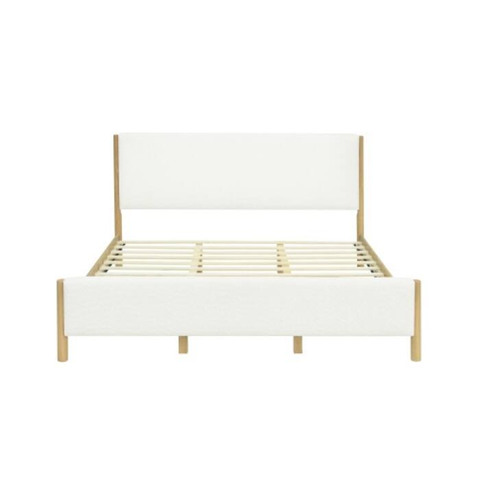 Modern White Boucle Upholstered Bed, King/Queen Size Platform Bed with Rubberwood Legs