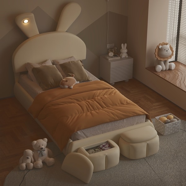 slide 2 of 25, Twin Size Cartoon Velvet Upholstered Platform Bed w/ 2 Storage Stools