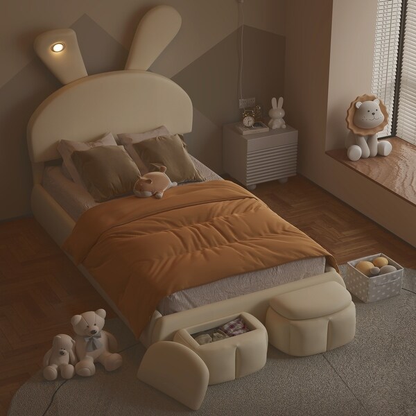 Twin Size Upholstered Platform Bed with Cartoon Ears Shaped Twin Size Upholstered Platform Bed with Cartoon Ears Shaped