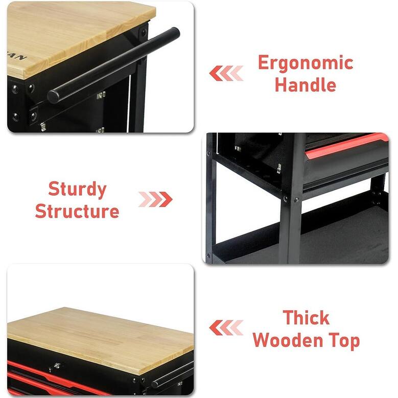 3-Drawer Rolling Tool Cart Wooden Top Storage Tool Box Garage Cabinet