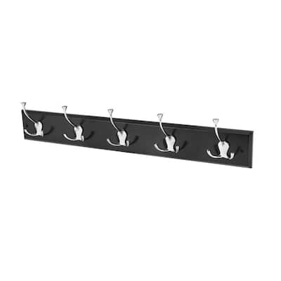 Melannco Wall Mounted Coat Rack with 5 Metal Hooks, 27X5 Inch, Black