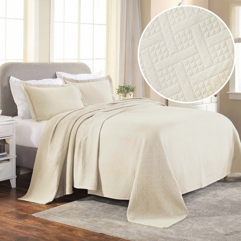 Superior Basketweave Cotton Decorative Bedspread Set - Ivory - Full