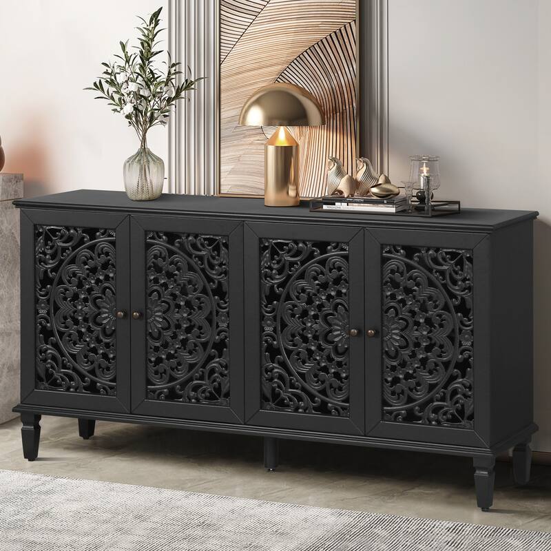 Buffet Cabinet with Floral Carvings with Solid Wood Legs&Antique Brass Handles&Adjustable Shelves,