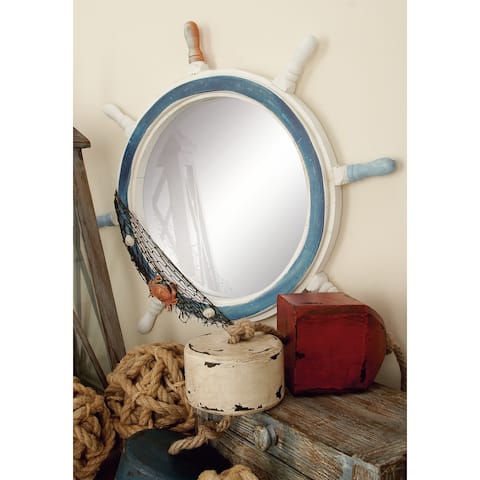 White Wood Fir Beach Nautical Helm Wheel Coastal Round Wall Mirror - Multi