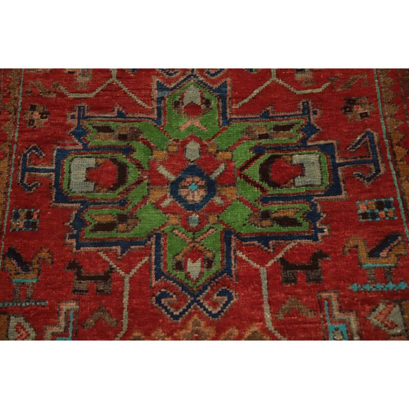 Hand Knotted Oriental 100% Wool Carpet Traditional Geometric Red Heriz Runner Rug - 10' 4'' X 3' 0''