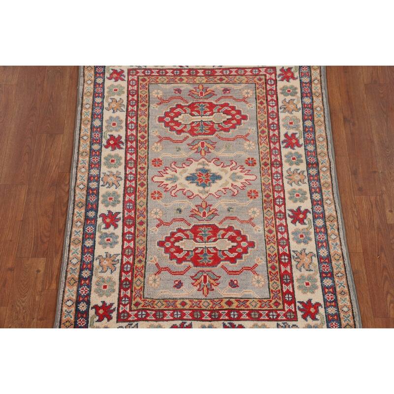 Geometric Kazak Accent Rug Bedroom Hand-Knotted Wool Carpet - 2'9" x 4'1"