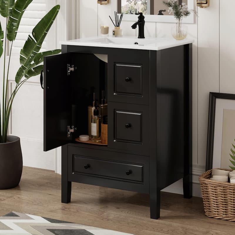 24-Inch Bathroom Vanity with Sink, One Cabinet with Soft-Closing Door, 3 Soft-Closing Drawers