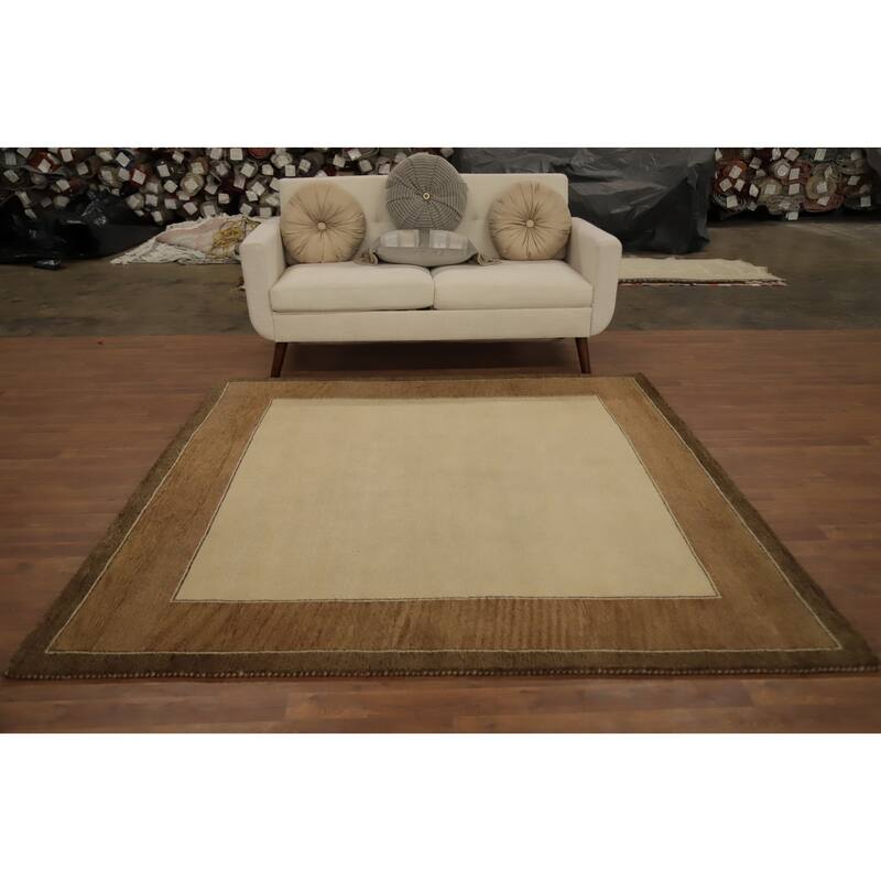 Hand Knotted Oriental 100% Wool Carpet Modern Bordered Beige & Ivories Gabbeh Area Rug - 6' 6'' X 6' 8''