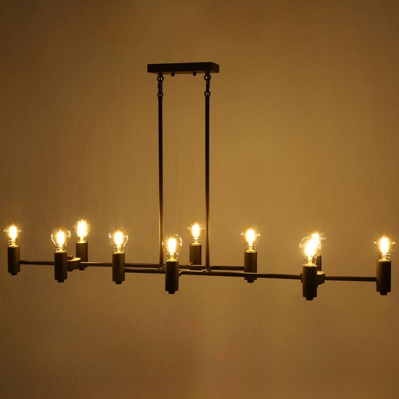 Oversized Modern Farmhouse Black 10-Light Large Island Exposed Bulb Linear Dining Room Chandelier