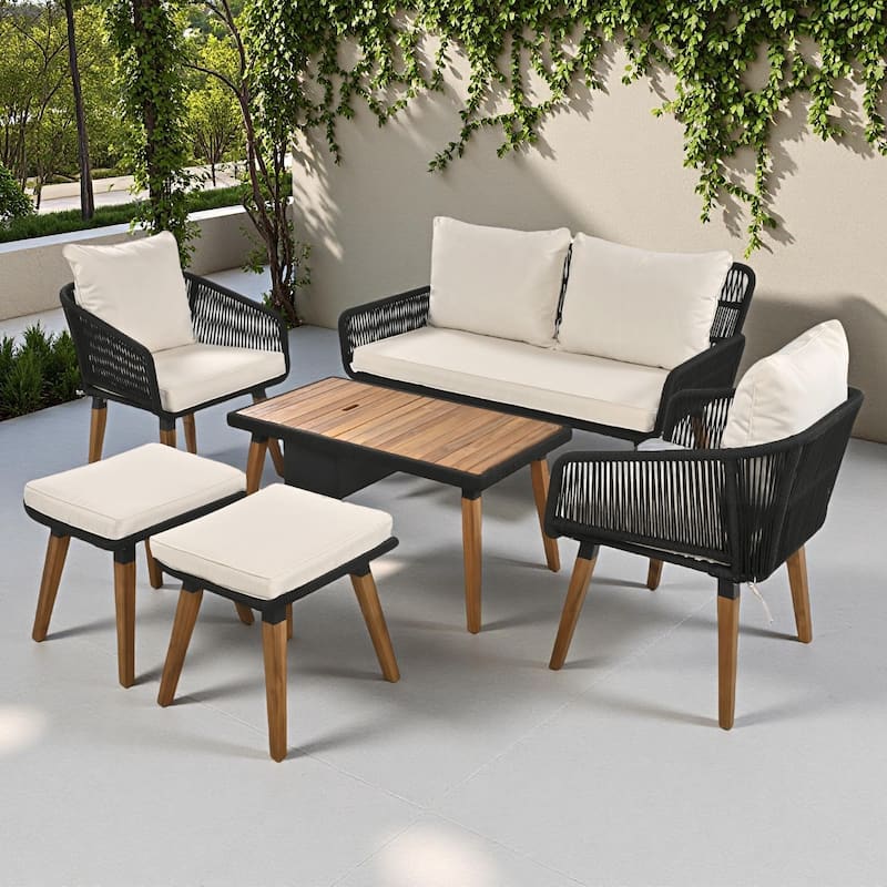 6-Piece Outdoor Patio Rope Conversation Sofa Set with Acacia Wood Cool Bar Table and 2 Stools - Beige+Black