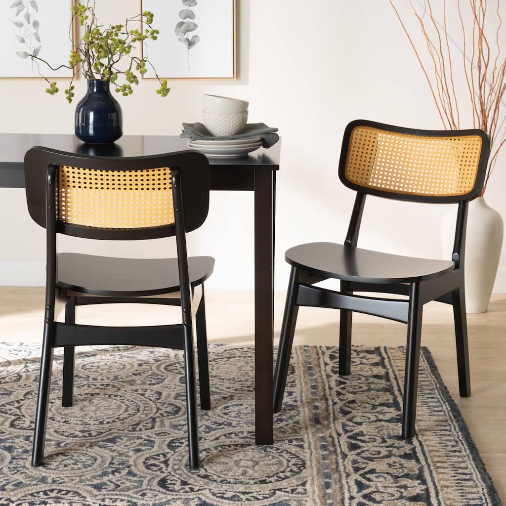Tafari Mid-Century Modern Wood and Rattan 2-Piece Dining Chair Set