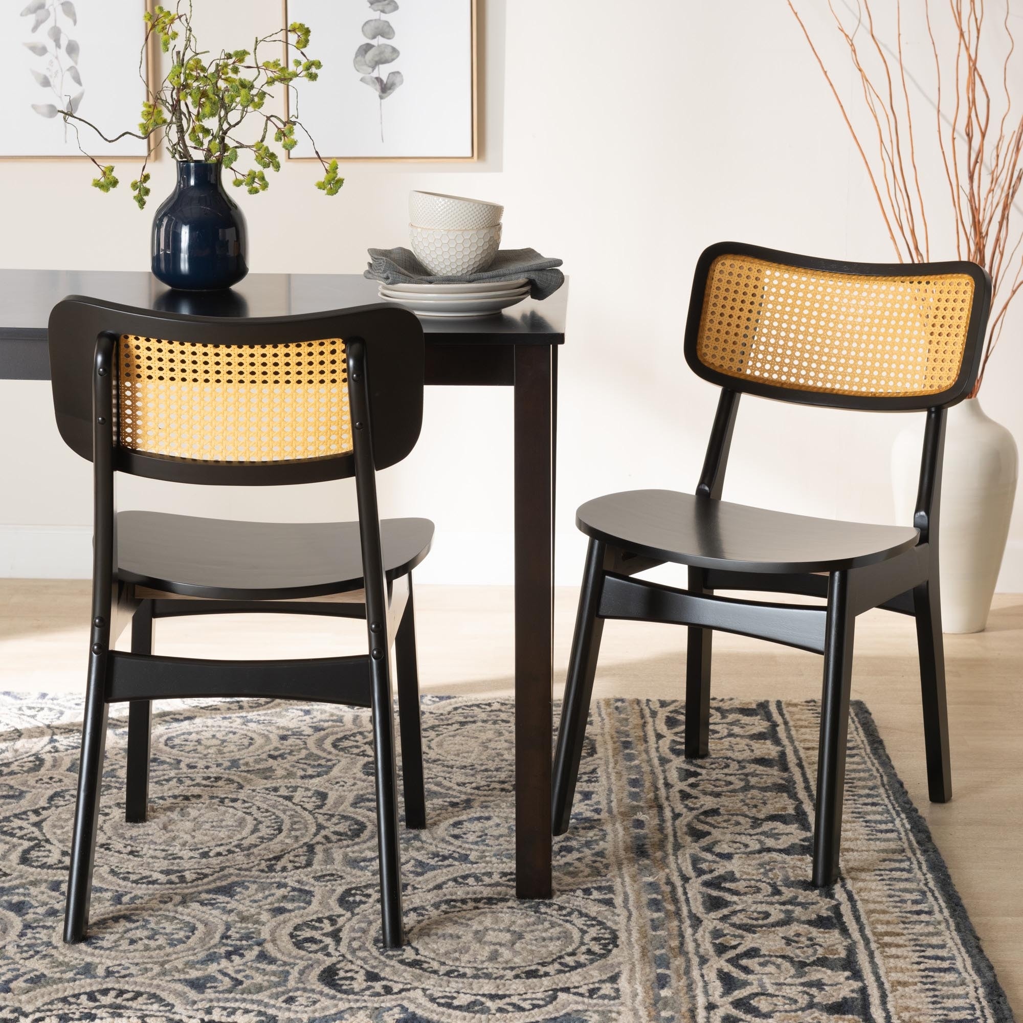 Tafari Mid-Century Modern Wood and Rattan 2-Piece Dining Chair Set