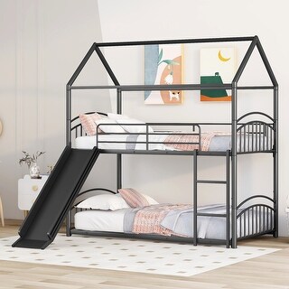 Black Twin over Twin Metal Bunk Bed with Slide & Roof