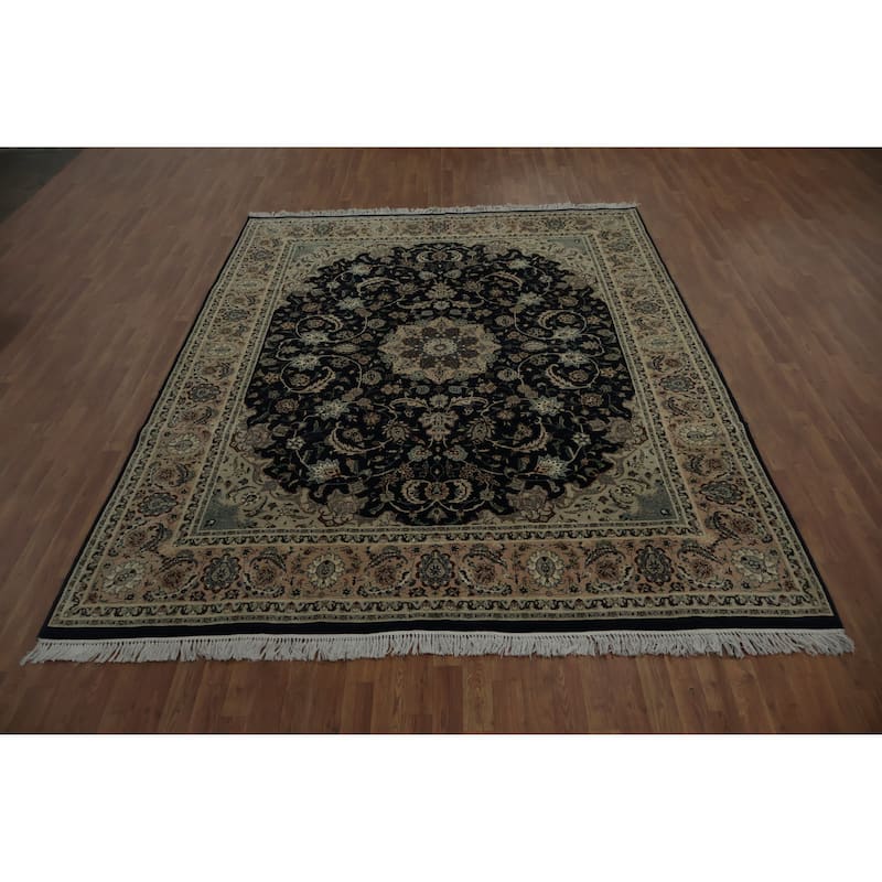 Hand Knotted Oriental 100% Wool Carpet Traditional Floral Navy Blue & Blues Nain Area Rug - 10' 4'' X 8' 0''