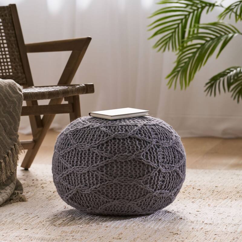 Oaks Aura Knitted Wool Cotton 20 x 20 Round Pouf, Modern Farmhouse Handcrafted Design Ottoman