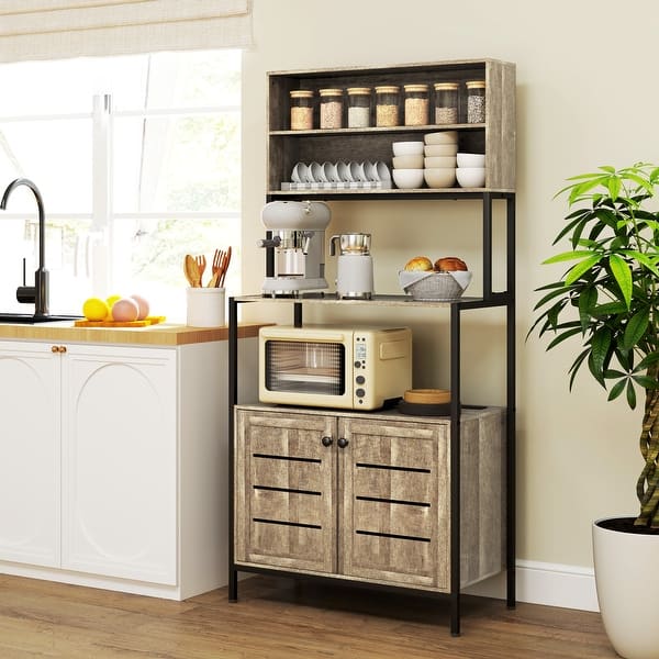 HOMCOM Kitchen Bakers Rack with Power Outlet, Coffee Bar Cabinet with Storage Shelves, Microwave Stand. - Gray Wood Grain